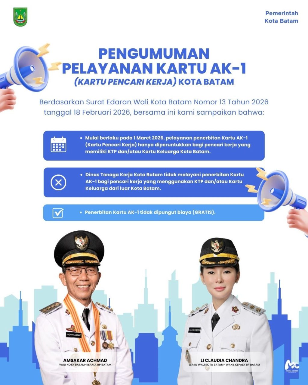 Wali Kota Batam Amsakar Achmad terkait kebijakan layanan AK/1