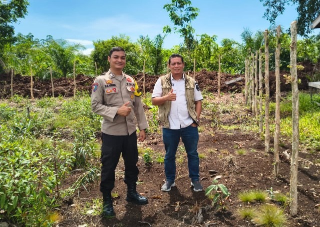 Polsek Bukit Batu bersama Pemerintah Desa Pangkalan Jambi meninjau lahan yang disiapkan untuk penanaman jagung pipil di Bengkalis.