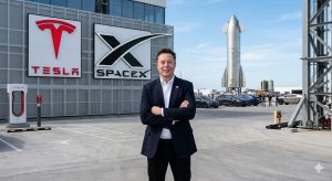 Elon Musk berdiri di depan logo Tesla dan SpaceX