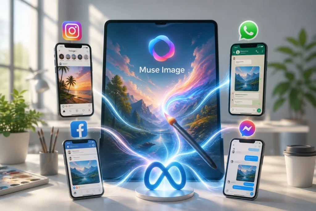 Logo Meta dan ilustrasi fitur AI Muse Image