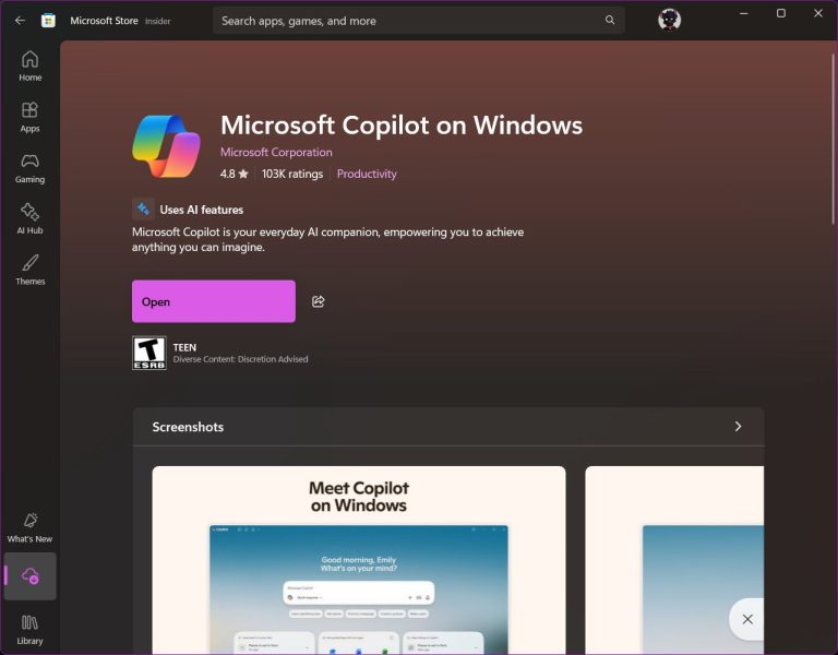 Aplikasi Microsoft Copilot on Windows di Microsoft Store.